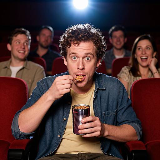Photograph of a curly-haired man with wide eyes, eating popcorn in a dark theater, surrounded by laughing, smiling friends.