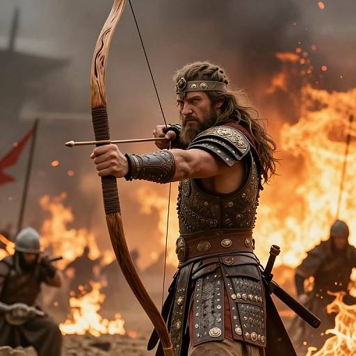 Photograph of a muscular, long-haired warrior with a wooden bow, armored in metal, aiming at an enemy amidst a blazing battlefield.