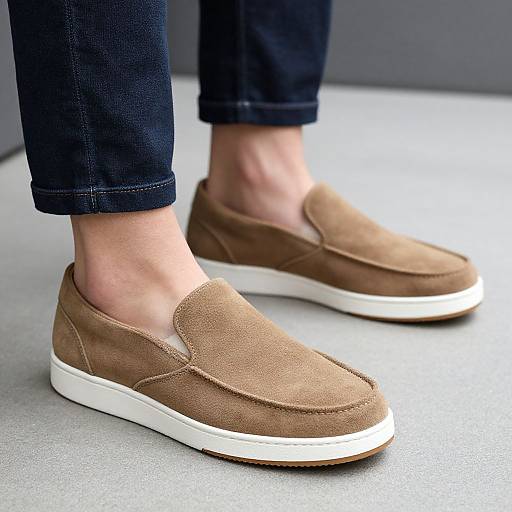 Photograph of a person's feet wearing brown suede slip-on shoes with white soles, paired with dark blue jeans, standing on a gray surface.