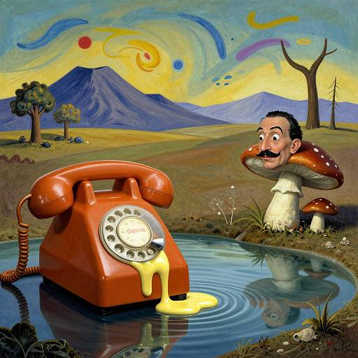 Cartoon-style image of a man with a mustache, holding a mushroom, next to a red rotary phone in a surreal, colorful landscape with mountains