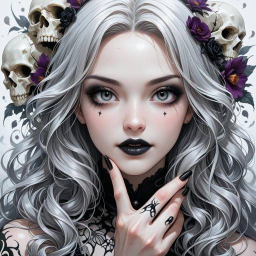Gothic Woman with Silver Hair and Skull Crown