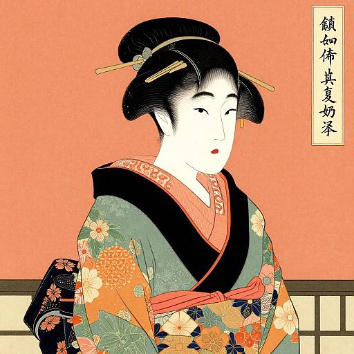 Vibrant Ukiyo-e Woman in Kimono