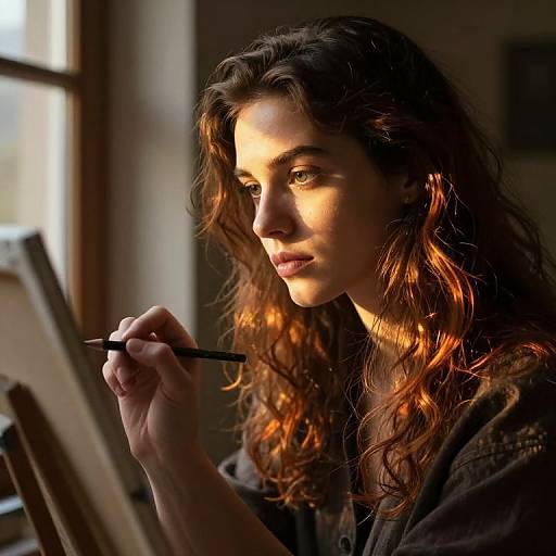 Photograph of a focused woman with wavy brown hair, illuminated by warm sunlight, painting at an easel in a dimly lit room.