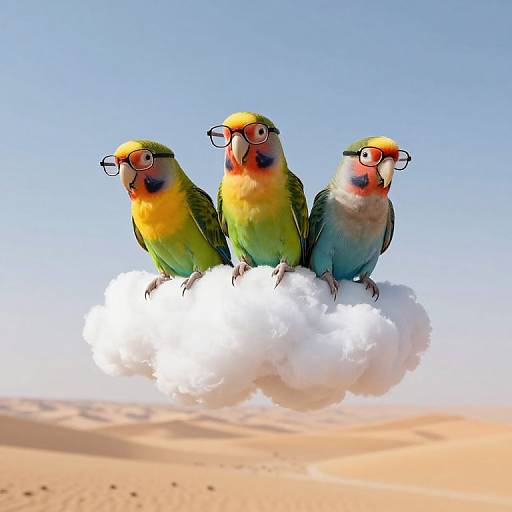 Photograph of three colorful parakeets with glasses perched on a white cloud against a clear blue sky and sandy desert.