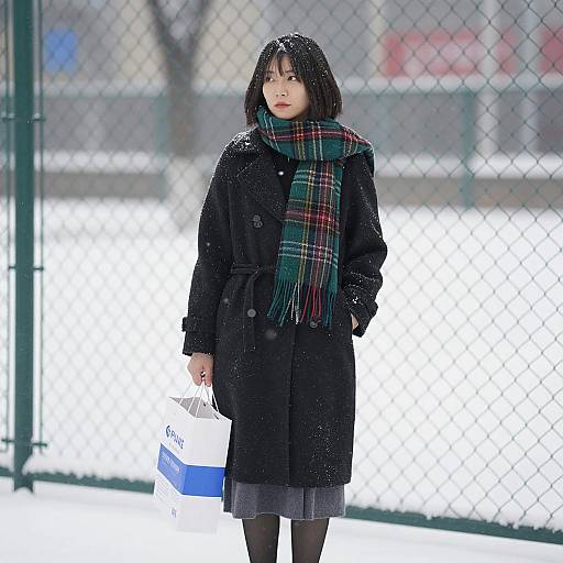 Snowy Urban Scene with Asian Woman