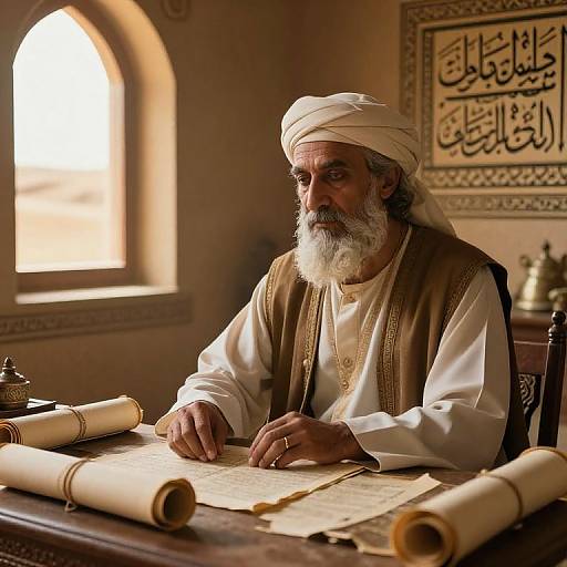 Photograph of an elderly Middle Eastern man with a white beard and turban, writing on parchment in a warmly lit, traditional study room. Rolls of