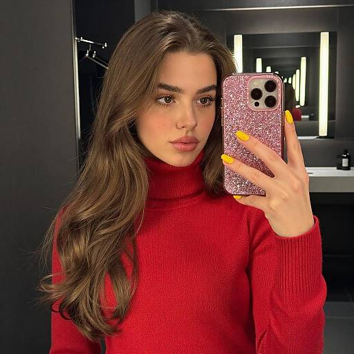 Young Woman Mirror Selfie in Red Sweater