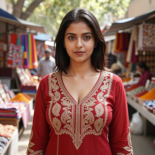 Photograph of a young South Asian woman with straight black hair, wearing a red embroidered blouse, standing in a vibrant outdoor market. Blurred colorful stalls