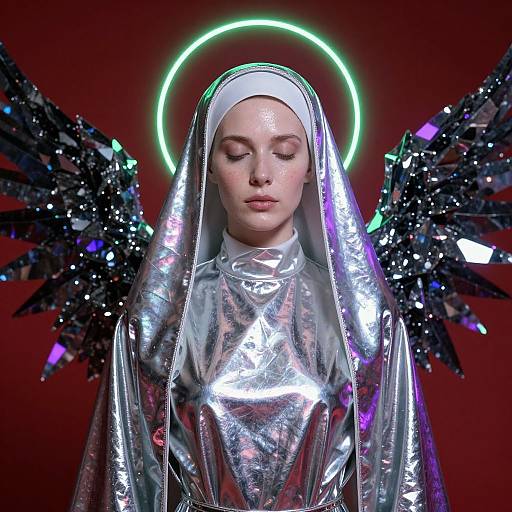 Ethereal Chrome Nun with Crystalline Wings