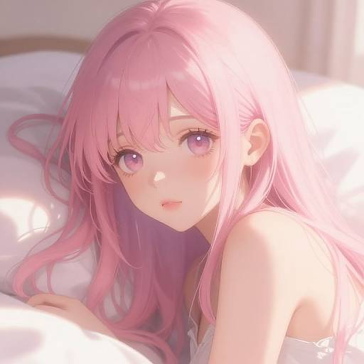 Digital anime-style artwork of a pink-haired girl with large purple eyes lying on a bed, looking softly at the viewer.