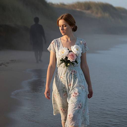 Woman Walking Along Misty Shoreline