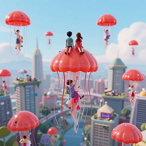 Digital illustration of two children on a red jellyfish-like bubble above a city, surrounded by floating red jellyfish with people, under a bright blue sky