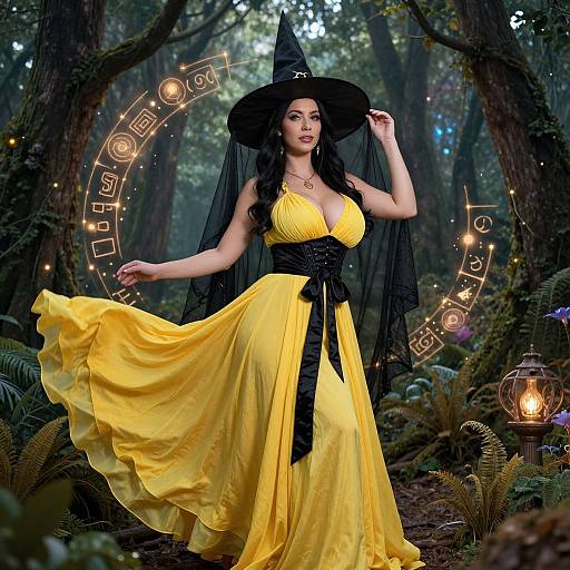 Photograph of a voluptuous woman with fair skin and long black hair, wearing a yellow dress and black witch hat, standing in a magical forest with