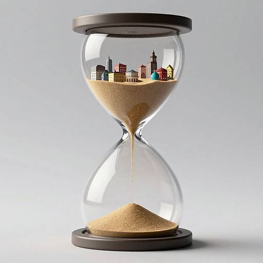 Photograph of a transparent hourglass with a miniature city skyline inside, featuring skyscrapers and buildings, and golden sand flowing.