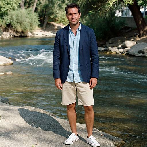 Photograph of a smiling man with short brown hair, wearing a navy blazer, light blue shirt, beige shorts, and white sneakers, standing on