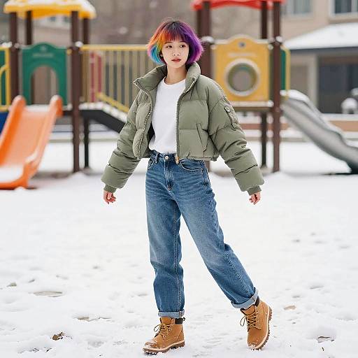 Teen Girl with Colorful Pixie Cut in Snowy Playground