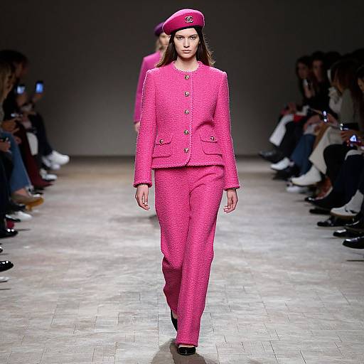 Photograph of a female model walking a runway, wearing a vibrant pink tailored suit and matching beret, with a confident expression.