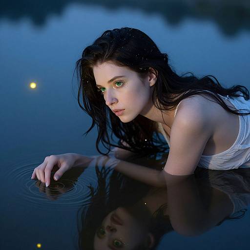 Photograph of a pale-skinned, green-eyed woman with wet, dark hair, wearing a white tank top, floating in a dark blue, reflective