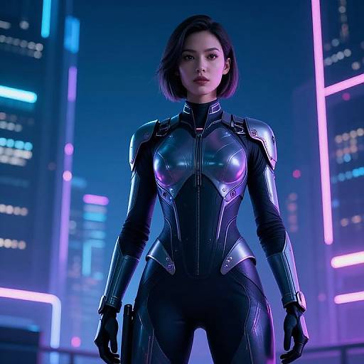 CGI image of a confident Asian woman in a shiny, black, futuristic bodysuit with purple accents, standing in a neon-lit cityscape