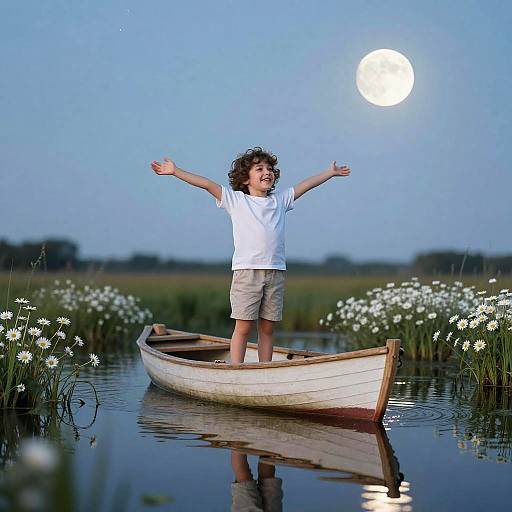 Child on Rowboat Under Starry Sky