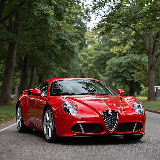 Photograph of a bright red, sleek, modern sports car with a black grille, driving down a tree-lined, paved road.