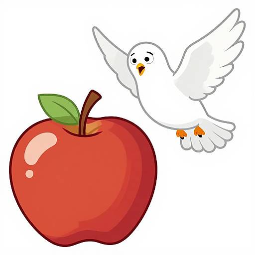 Digital illustration of a white dove with orange feet flying above a shiny red apple with a green leaf.