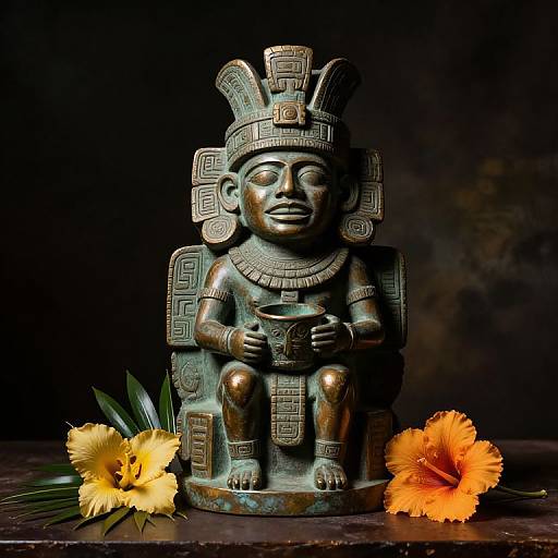 Photograph of a bronze Mayan-style statue with intricate headdress, seated holding a symbol, flanked by bright yellow and orange flowers.