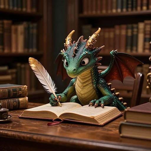 Photorealistic CGI of a green, blue-scaled, dragon with brown wings and golden horns writing with a white feather quill on an open book