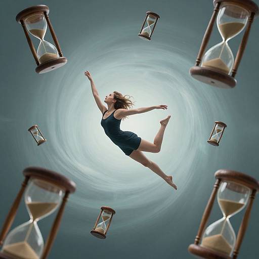 Photograph of a woman in a black dress floating upward, surrounded by hourglasses, against a glowing white circular background.