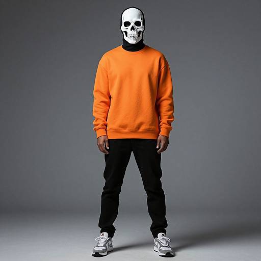 Man in Orange Sweatshirt with Skull Mask