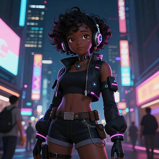 Cyberpunk cityscape CGI of a young Black girl with curly hair, wearing a black crop top, shorts, and neon accents, standing confidently in