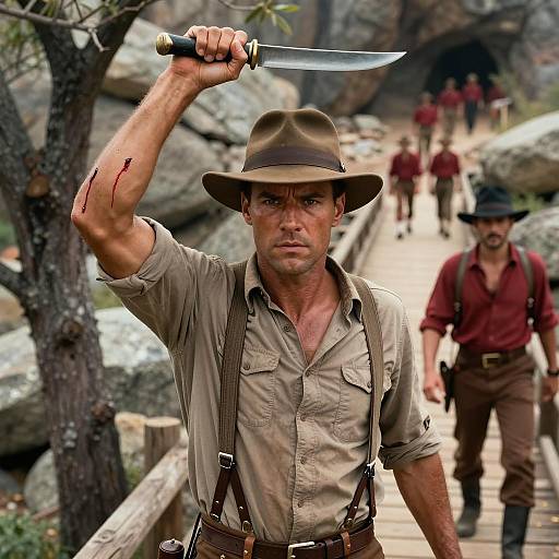 Intense Male Adventurer in Action Scene