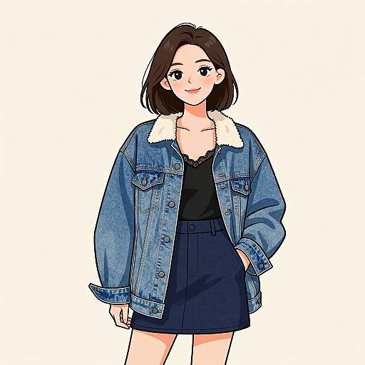 Digital anime-style drawing of a smiling young woman with fair skin, brown bob haircut, wearing a blue denim jacket with white fur, black lace top,