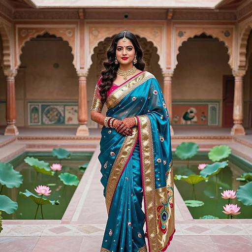 Photograph of an Indian woman in a blue and gold saree with pink accents, standing in a traditional courtyard with a pond, arches, and