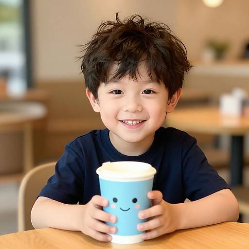 Photograph of a smiling Asian boy with messy black hair, wearing a black shirt, holding a blue, smiling cup in a cozy cafe.