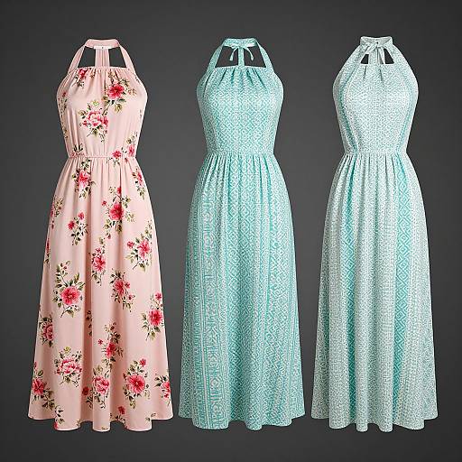 Photograph of three sleeveless, halter-neck dresses: left in pink with red floral print, center in light blue with subtle pattern, right in