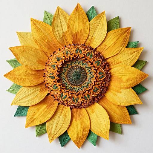 Photograph of a vibrant sunflower with yellow petals, intricate brown and green central disk, and green leaves, set against a white background.