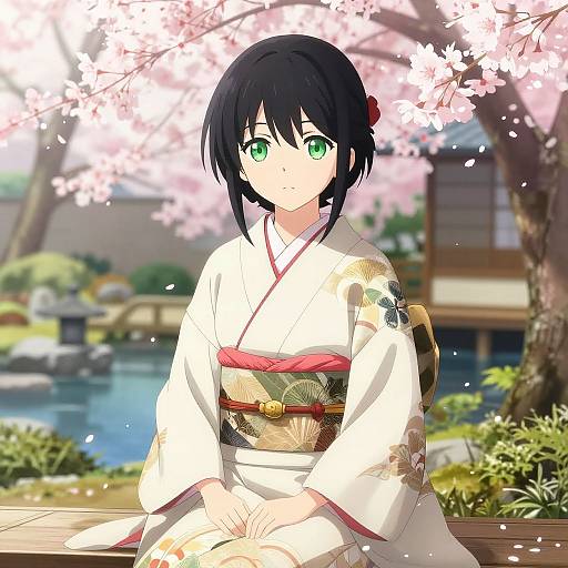 Anime Girl in Cherry Blossom Garden