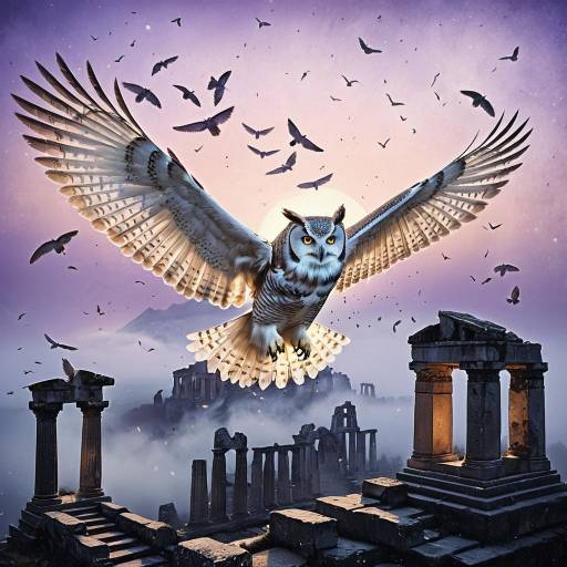 Ethereal Owl Soaring Over Ancient Ruins