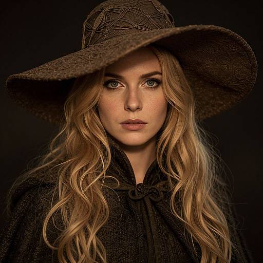 Photorealistic portrait of a blonde woman with wavy hair, wearing a large, textured brown hat and black cloak, set against a black background.
