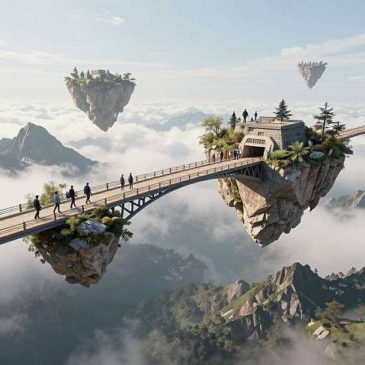 Fantastical CGI image of a suspended bridge connecting floating rock islands, surrounded by misty mountains and clouds, with small trees and people walking.