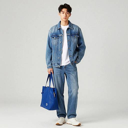 Young Asian man with short, dark hair, wearing a blue denim jacket, white tee, blue jeans, white sneakers, holding a blue bag, standing
