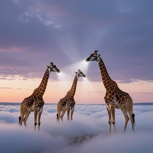 Photograph of three giraffes standing in a misty, cloud-covered landscape at sunset, with the sun partially obscured by clouds behind them, creating
