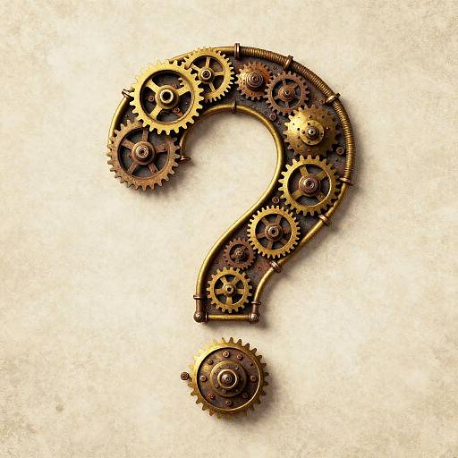 Steampunk-style question mark made of interlocking brass gears on a textured, beige background. The gears vary in size, creating a mechanical, vintage