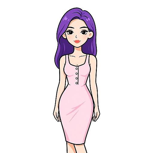 Digital anime-style drawing of a woman with long purple hair, wearing a pink, form-fitting dress with black buttons, standing against a white background.