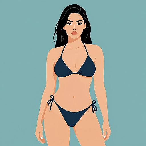 Digital illustration of a woman with long black hair, pale skin, wearing a black bikini, standing against a solid light blue background.