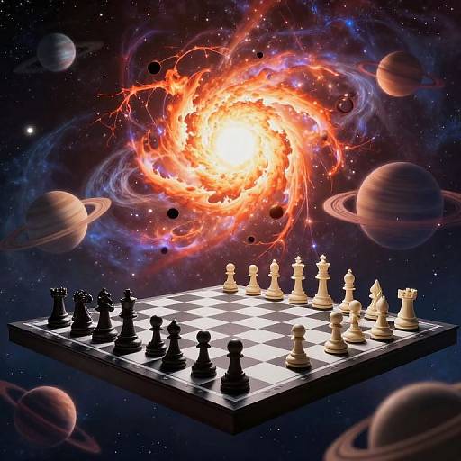 Digital artwork of a chessboard floating in space, with black and white pieces, surrounded by planets and a vibrant, swirling cosmic fire.