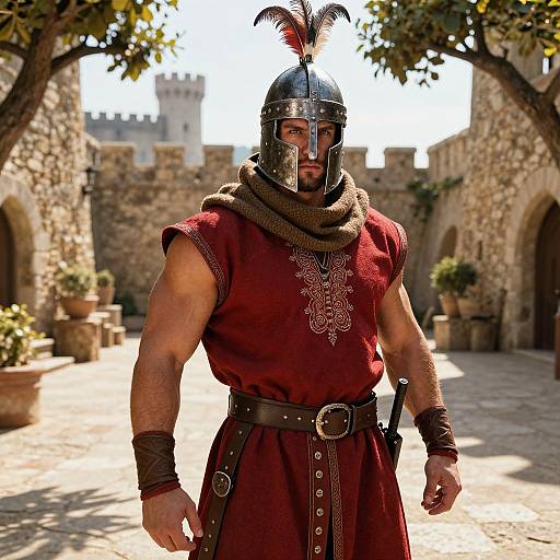 Photograph of a muscular, shirtless man in medieval Roman armor with a red tunic, leather belt, and feathered helmet, standing in a