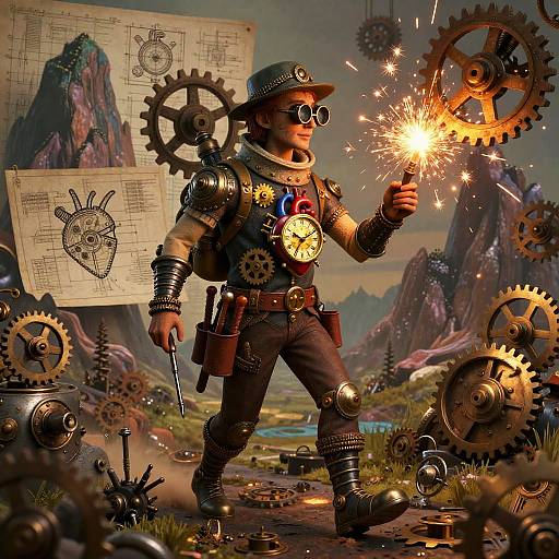 Steampunk inventor in goggles, metallic armor, and gears, sparks gears with a wand in a fantastical, gear-filled mountain landscape.