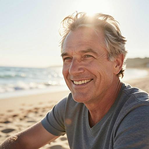 Photograph of a smiling middle-aged man with silver hair, wearing a gray t-shirt, sitting on a sunlit beach with a blurred ocean and shoreline